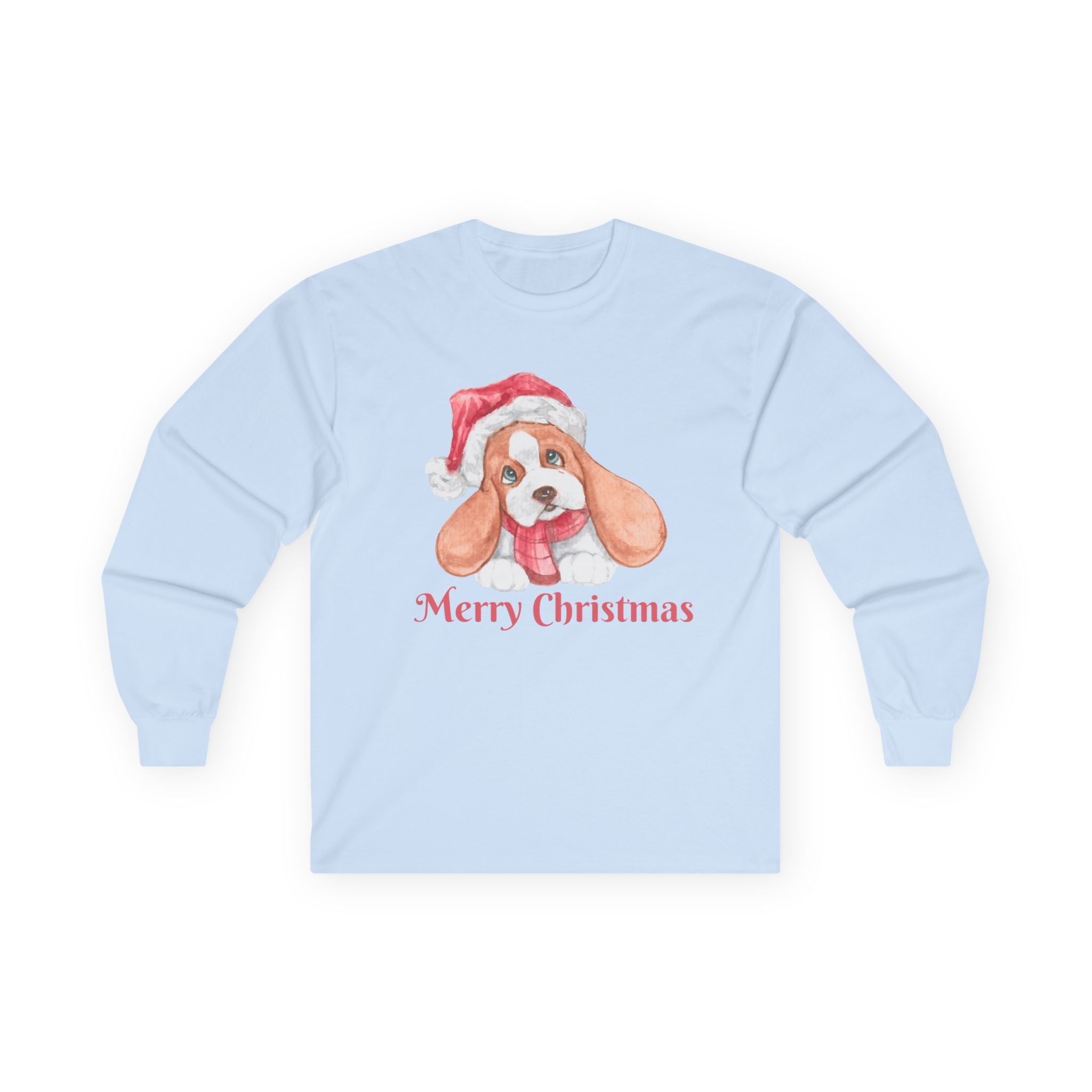 Christmas Puppy Long Sleeve Tee — "Merry Christmas" Dog in Santa Hat