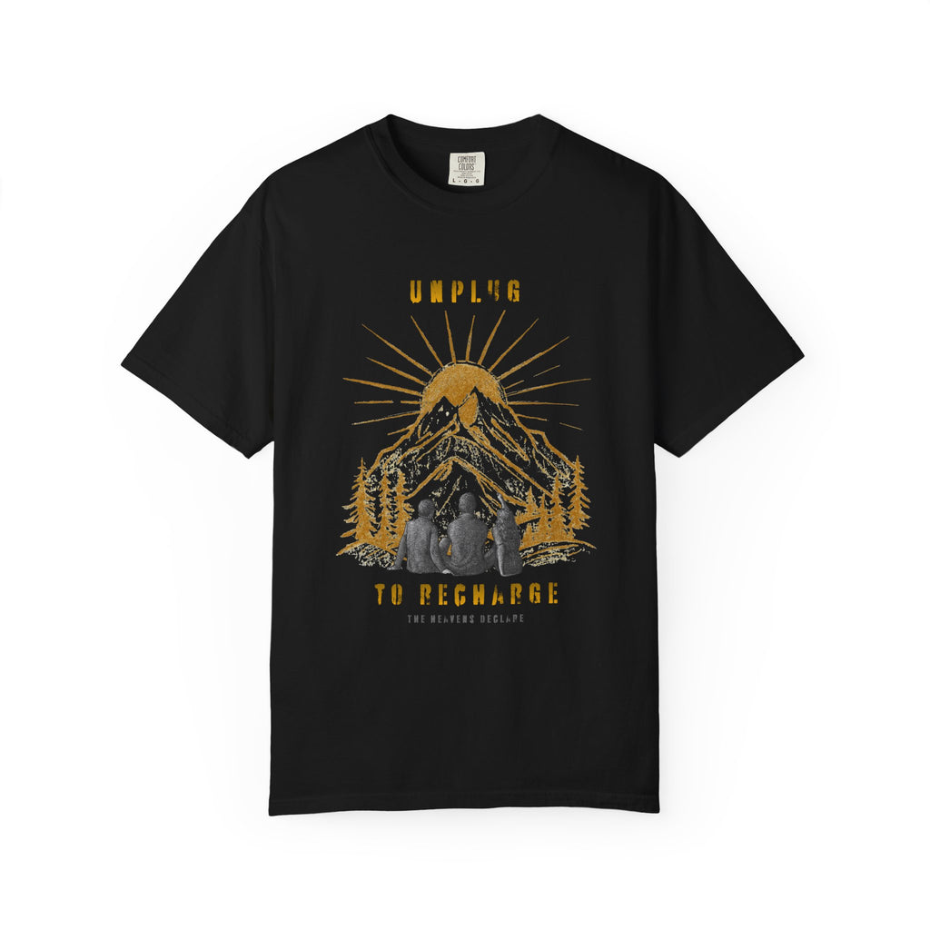 Adventure T-Shirt — "Unplug to Recharge" Mountain Camping Graphic