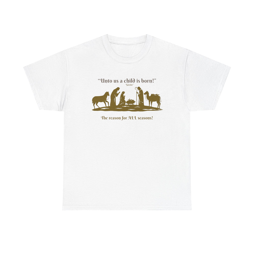 T-Shirt — "Intro as a child is born" Nativity Sheep & Donkey Scene