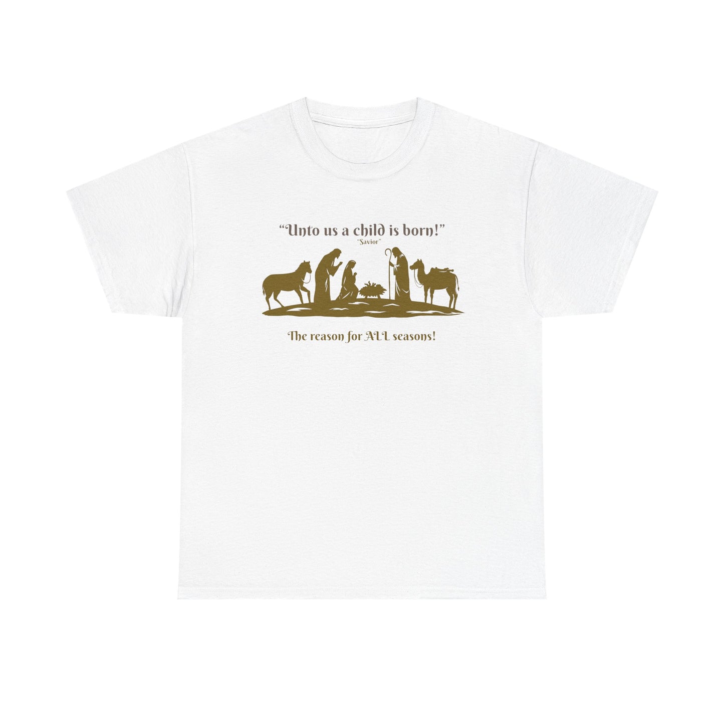 T-Shirt — "Intro as a child is born" Nativity Sheep & Donkey Scene
