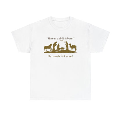 T-Shirt — "Intro as a child is born" Nativity Sheep & Donkey Scene