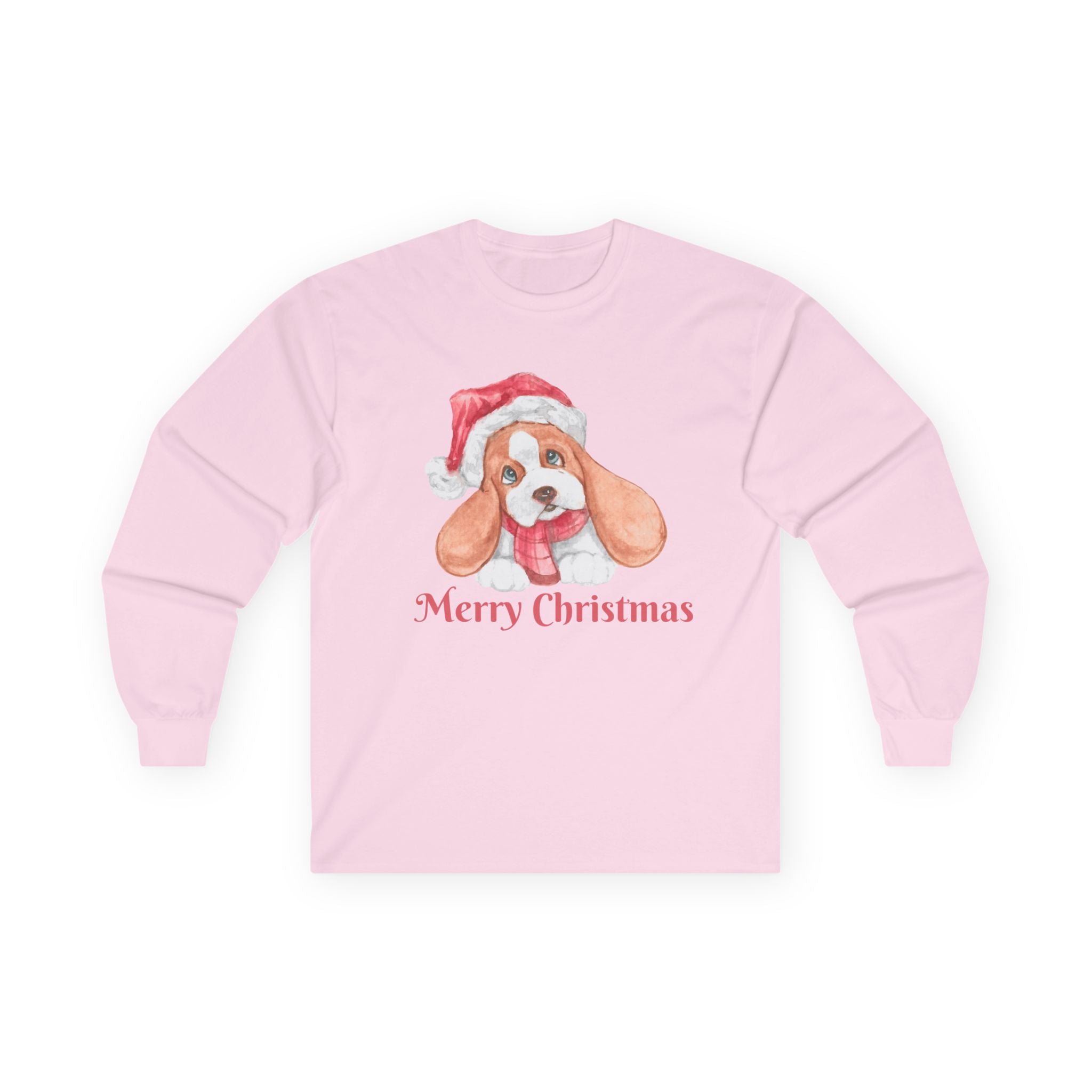 Christmas Puppy Long Sleeve Tee — "Merry Christmas" Dog in Santa Hat