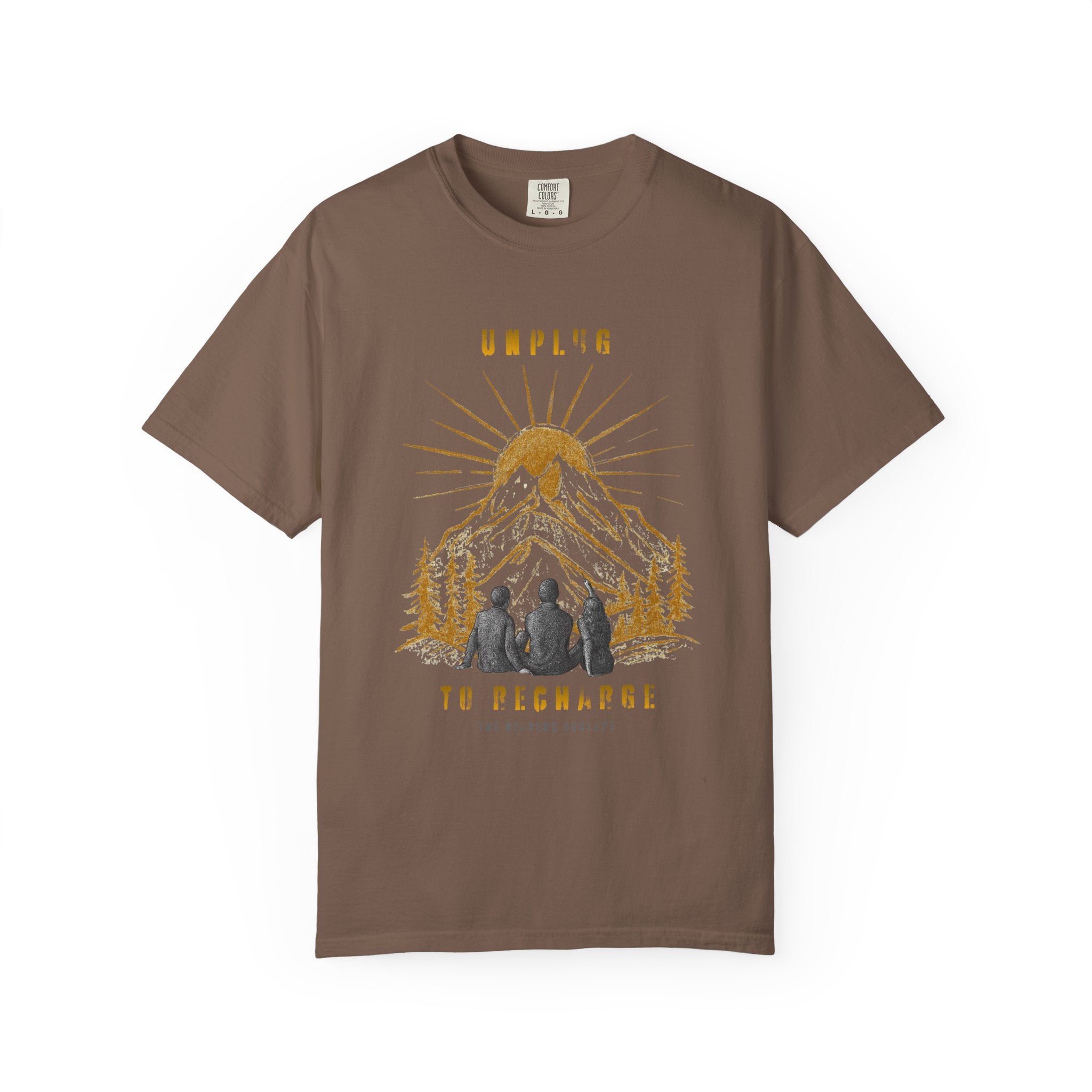Adventure T-Shirt — "Unplug to Recharge" Mountain Camping Graphic