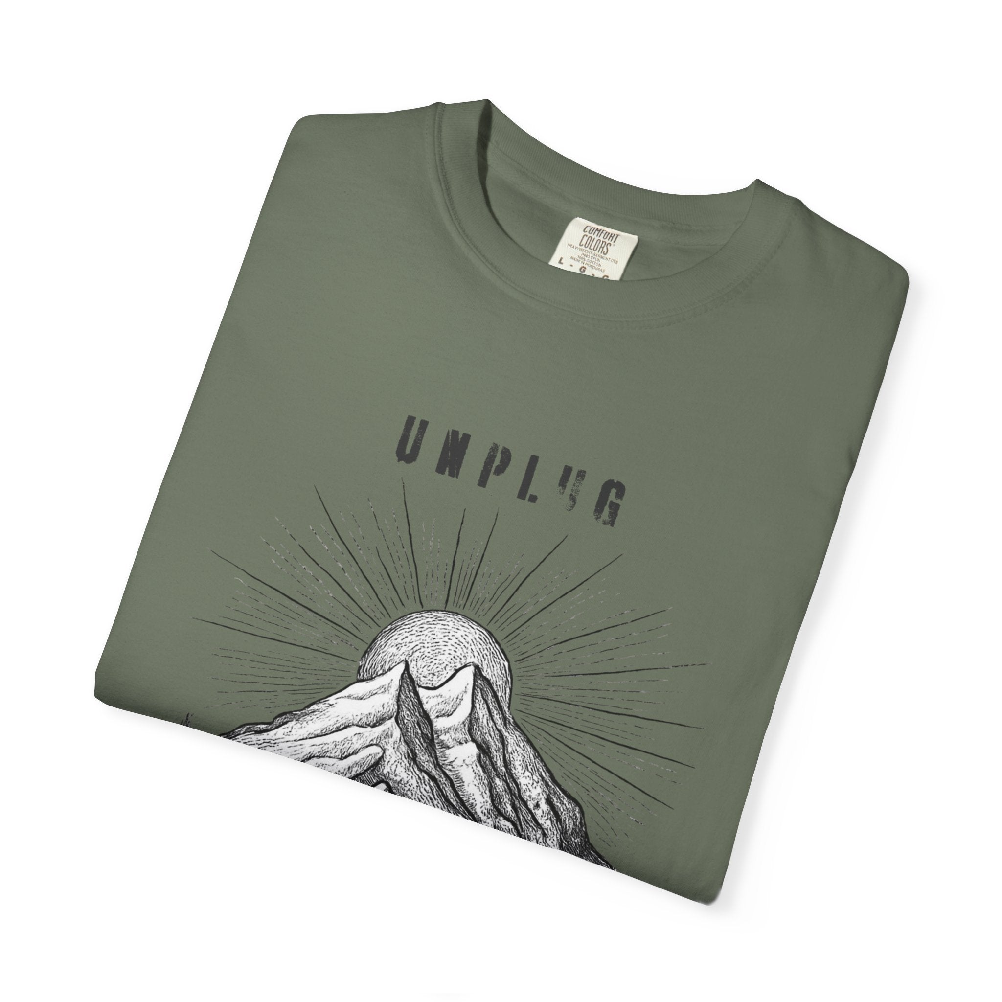 Adventure T-Shirt — "Unplug to Recharge" Mountain Camping Graphic