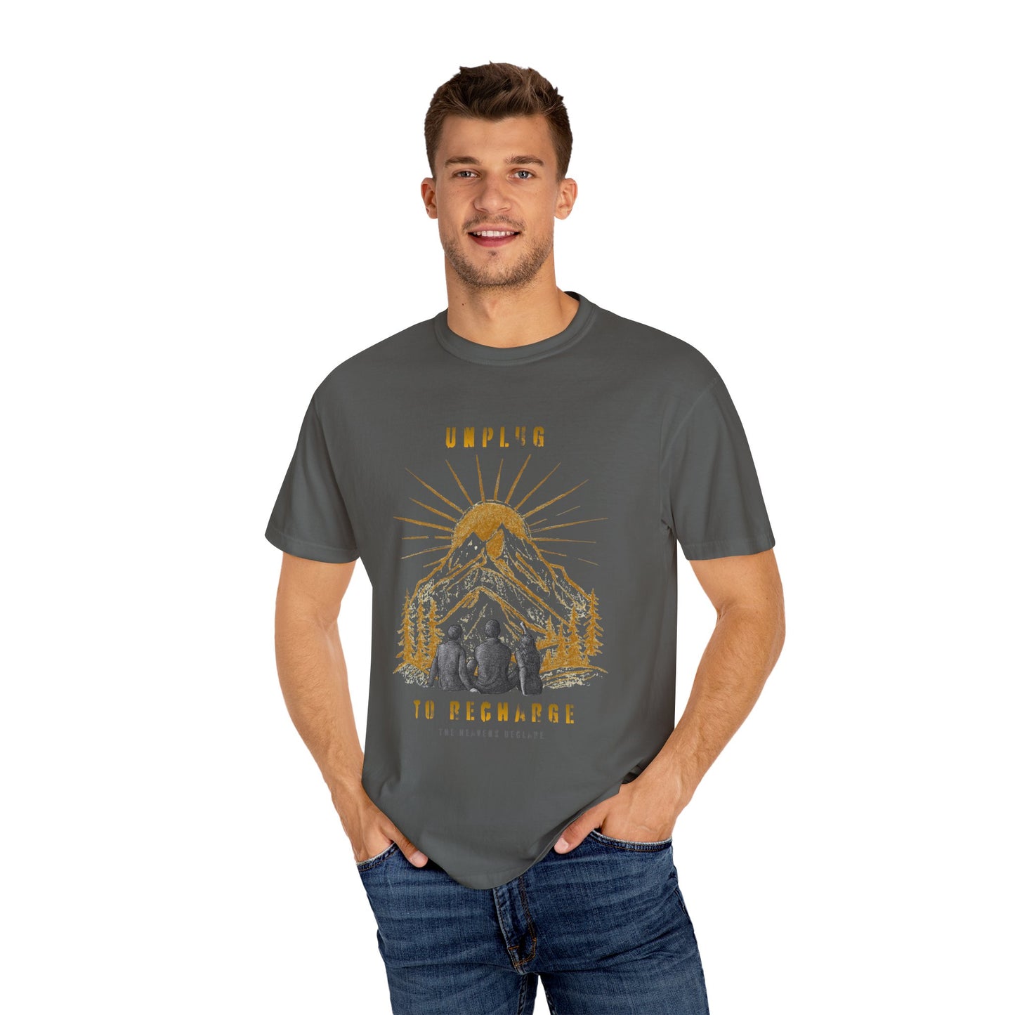 Adventure T-Shirt — "Unplug to Recharge" Mountain Camping Graphic