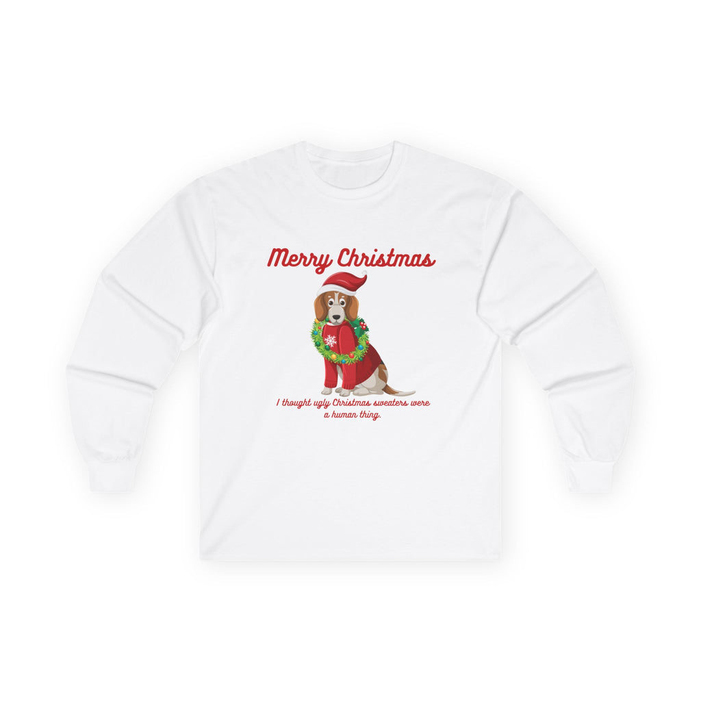 Christmas Dog Long Sleeve Tee – "Merry Christmas" Corgi Wreath Holiday Shirt