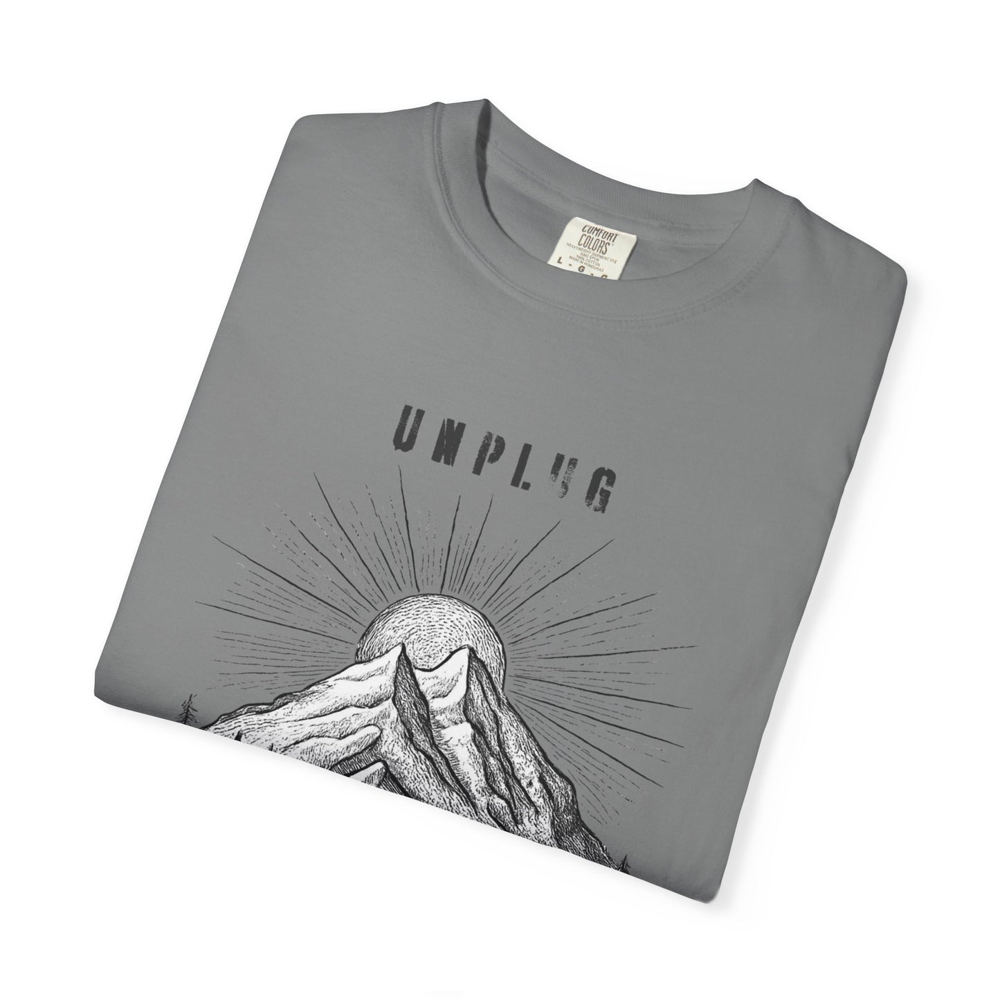 Adventure T-Shirt — "Unplug to Recharge" Mountain Camping Graphic