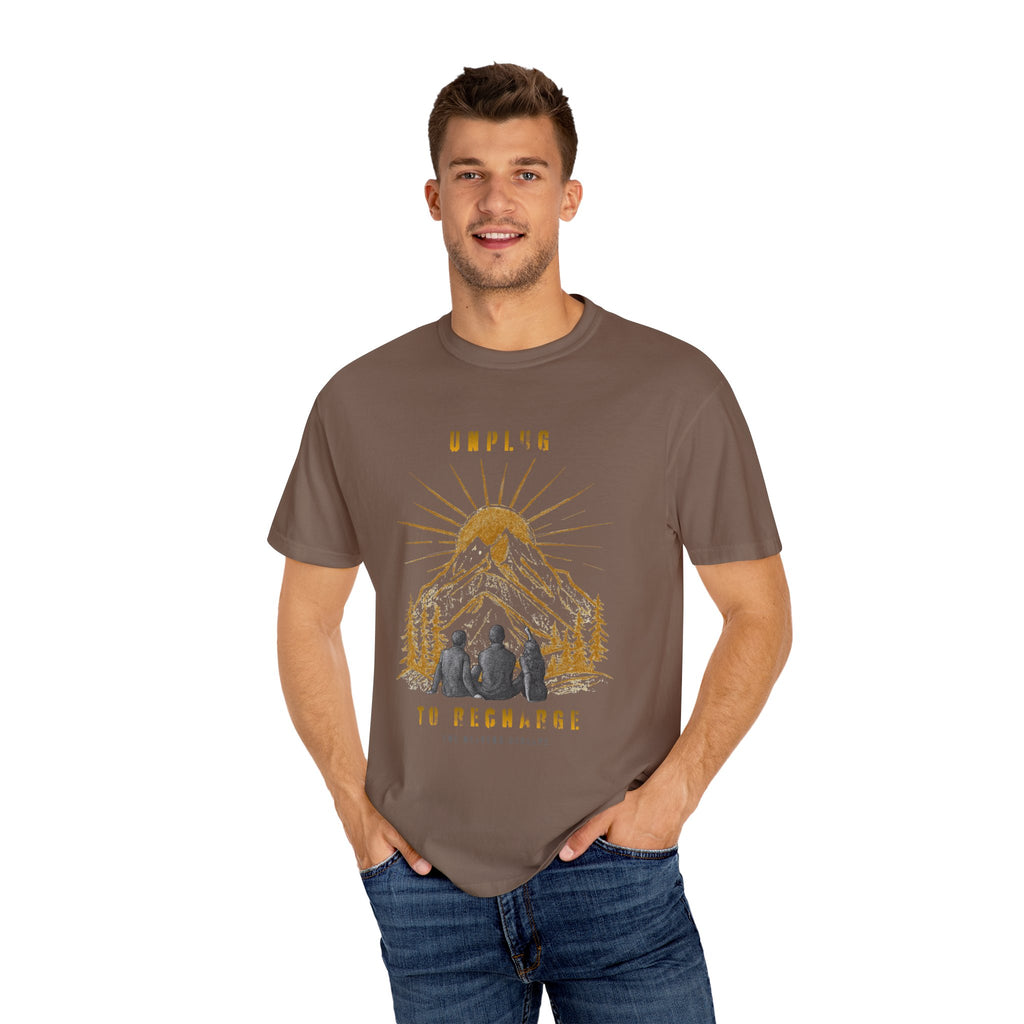Adventure T-Shirt — "Unplug to Recharge" Mountain Camping Graphic