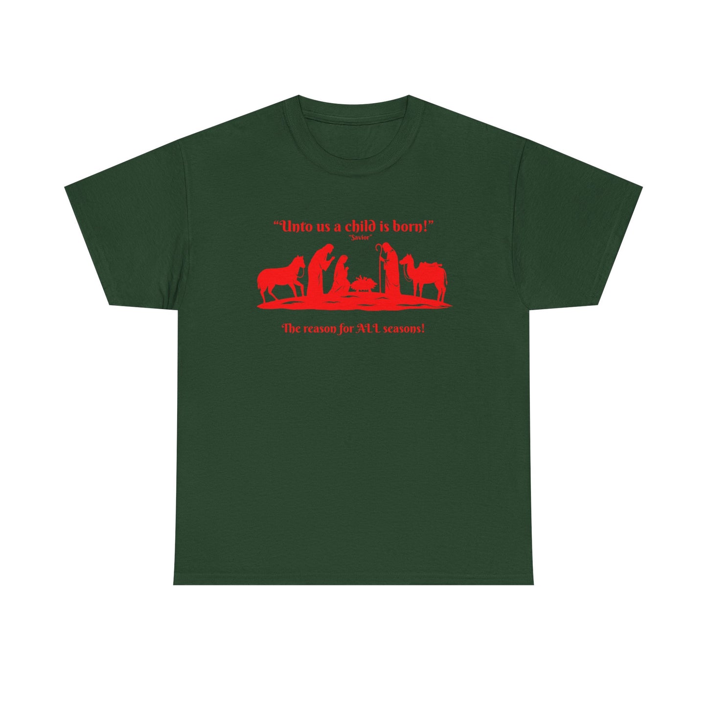 T-Shirt — "Intro as a child is born" Nativity Sheep & Donkey Scene