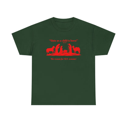 T-Shirt — "Intro as a child is born" Nativity Sheep & Donkey Scene