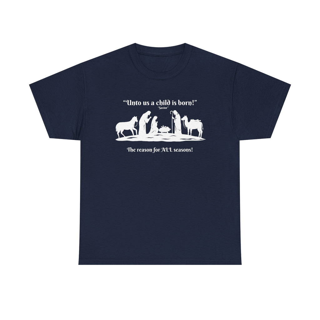 T-Shirt — "Intro as a child is born" Nativity Sheep & Donkey Scene