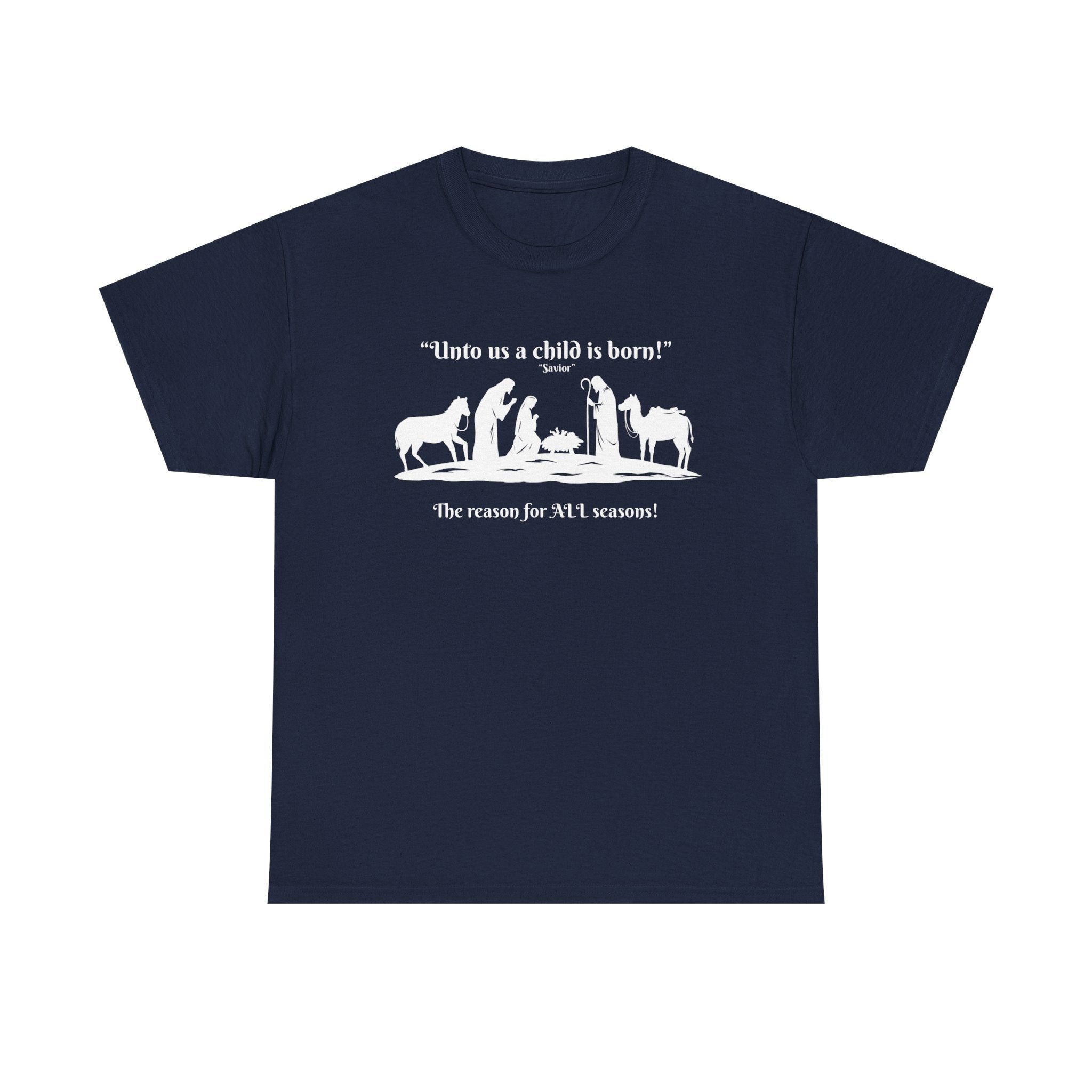 T-Shirt — "Intro as a child is born" Nativity Sheep & Donkey Scene