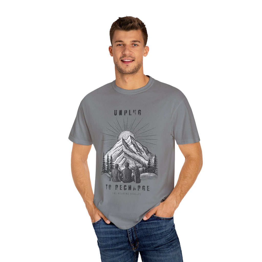 Adventure T-Shirt — "Unplug to Recharge" Mountain Camping Graphic