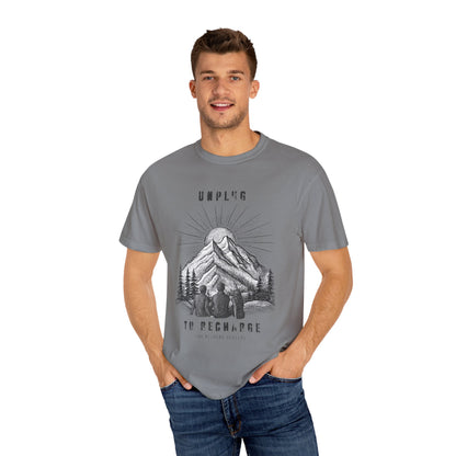 Adventure T-Shirt — "Unplug to Recharge" Mountain Camping Graphic