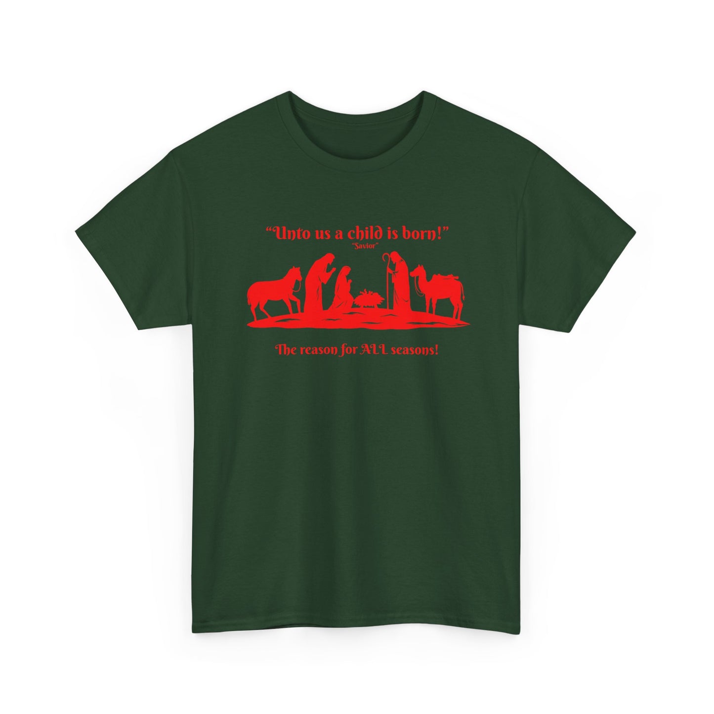 T-Shirt — "Intro as a child is born" Nativity Sheep & Donkey Scene