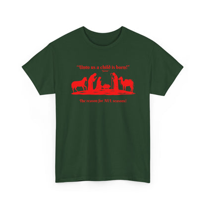 T-Shirt — "Intro as a child is born" Nativity Sheep & Donkey Scene