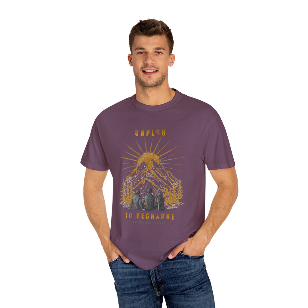 Adventure T-Shirt — "Unplug to Recharge" Mountain Camping Graphic