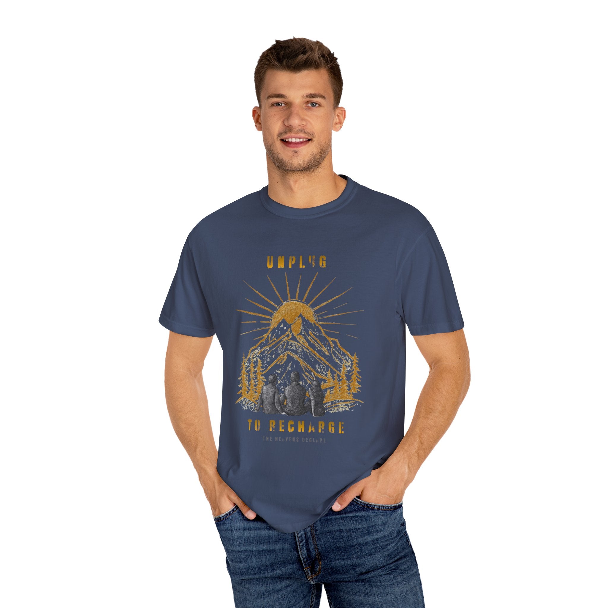 Adventure T-Shirt — "Unplug to Recharge" Mountain Camping Graphic