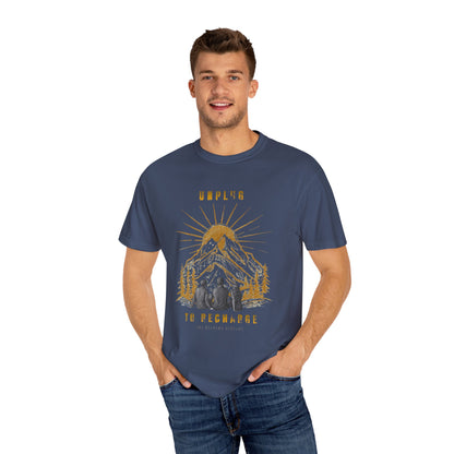 Adventure T-Shirt — "Unplug to Recharge" Mountain Camping Graphic