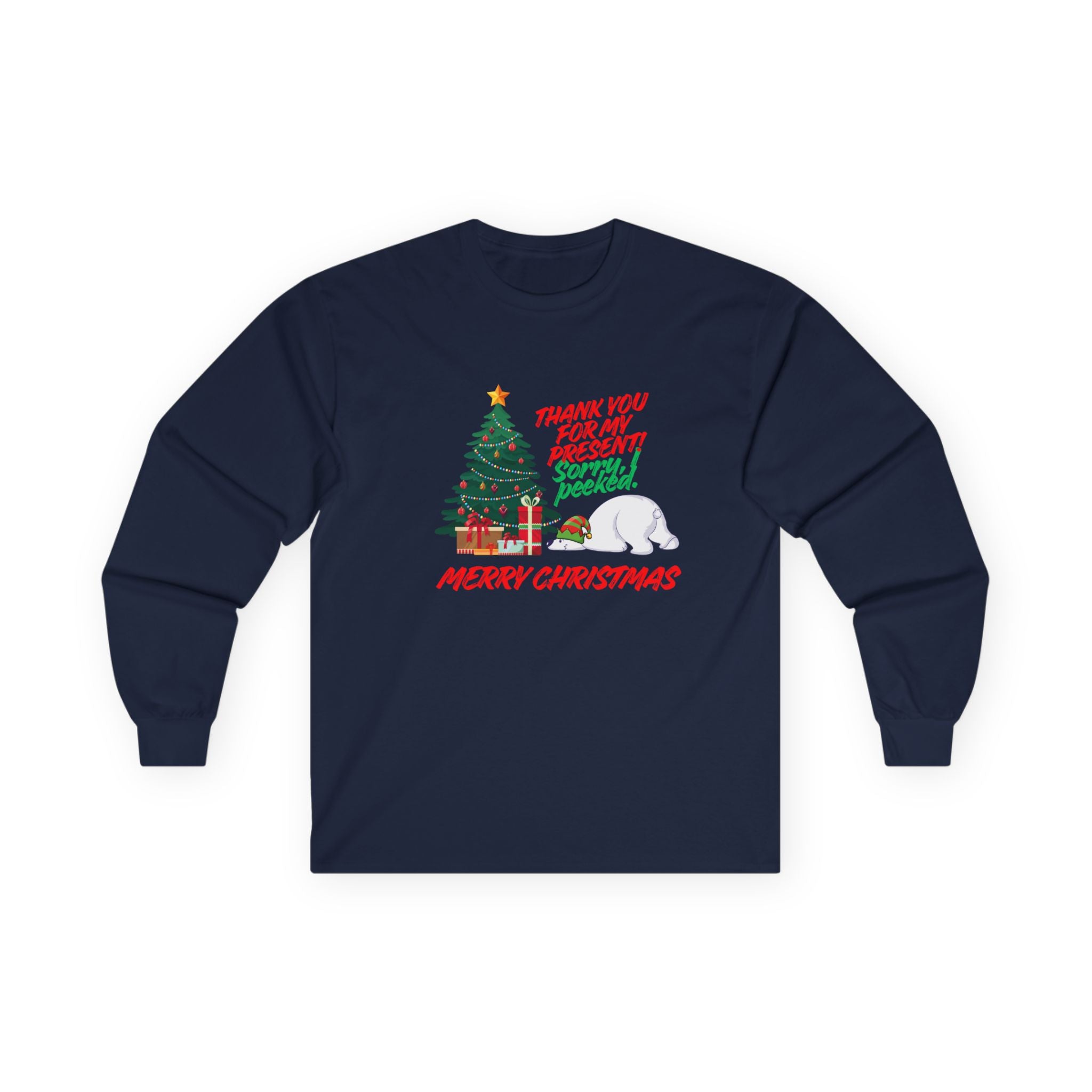Christmas Polar Bear Long Sleeve Tee — "Thank You For Any Present! Some Peace" Holiday Shirt