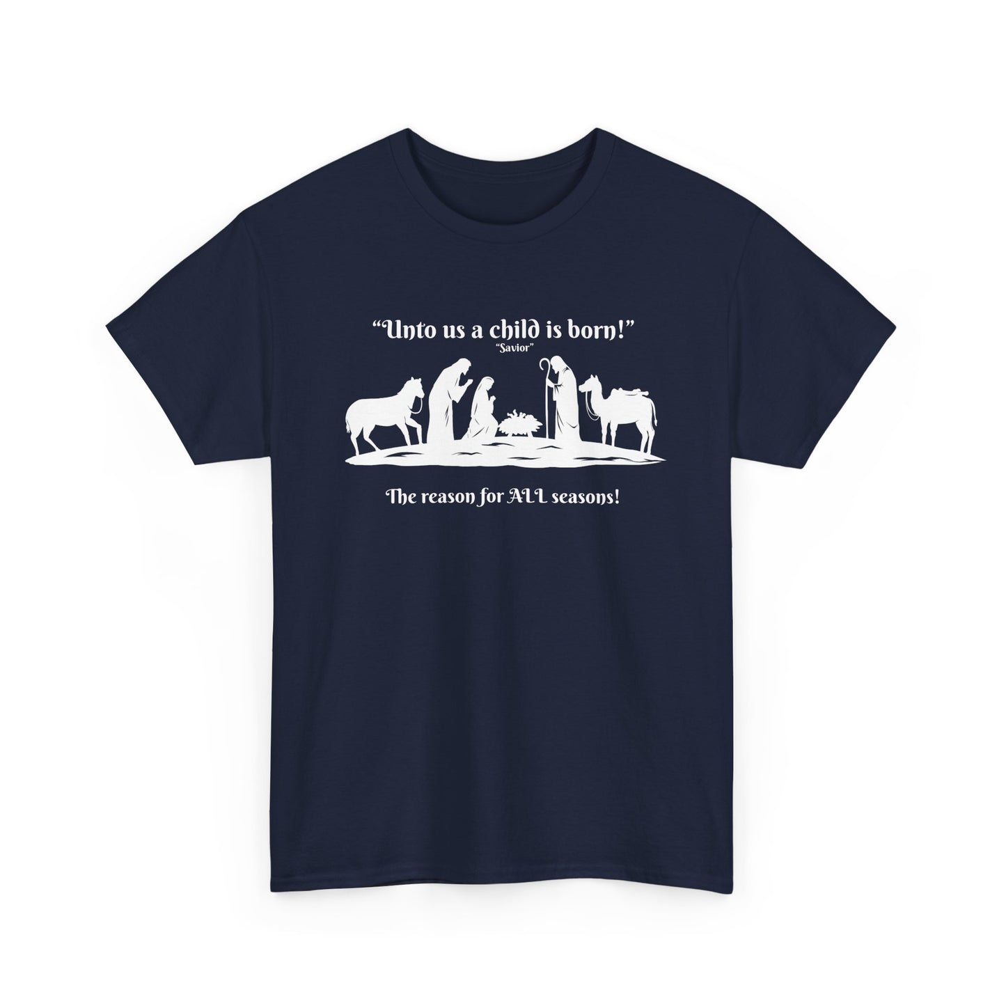 T-Shirt — "Intro as a child is born" Nativity Sheep & Donkey Scene