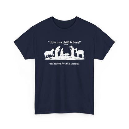 T-Shirt — "Intro as a child is born" Nativity Sheep & Donkey Scene