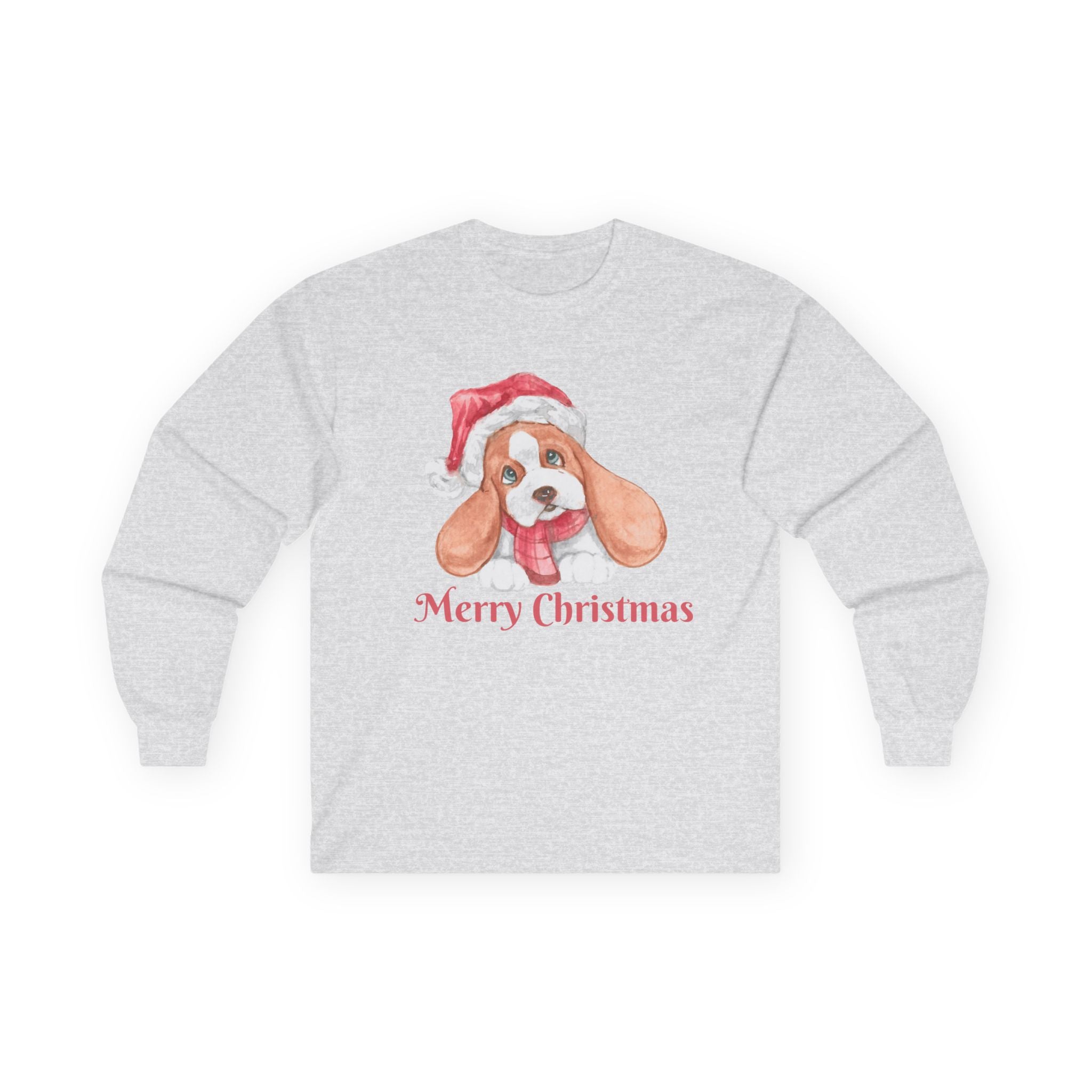 Christmas Puppy Long Sleeve Tee — "Merry Christmas" Dog in Santa Hat
