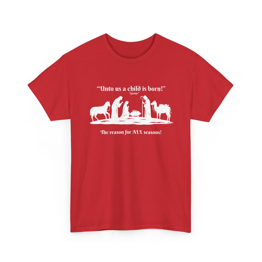 T-Shirt — "Intro as a child is born" Nativity Sheep & Donkey Scene