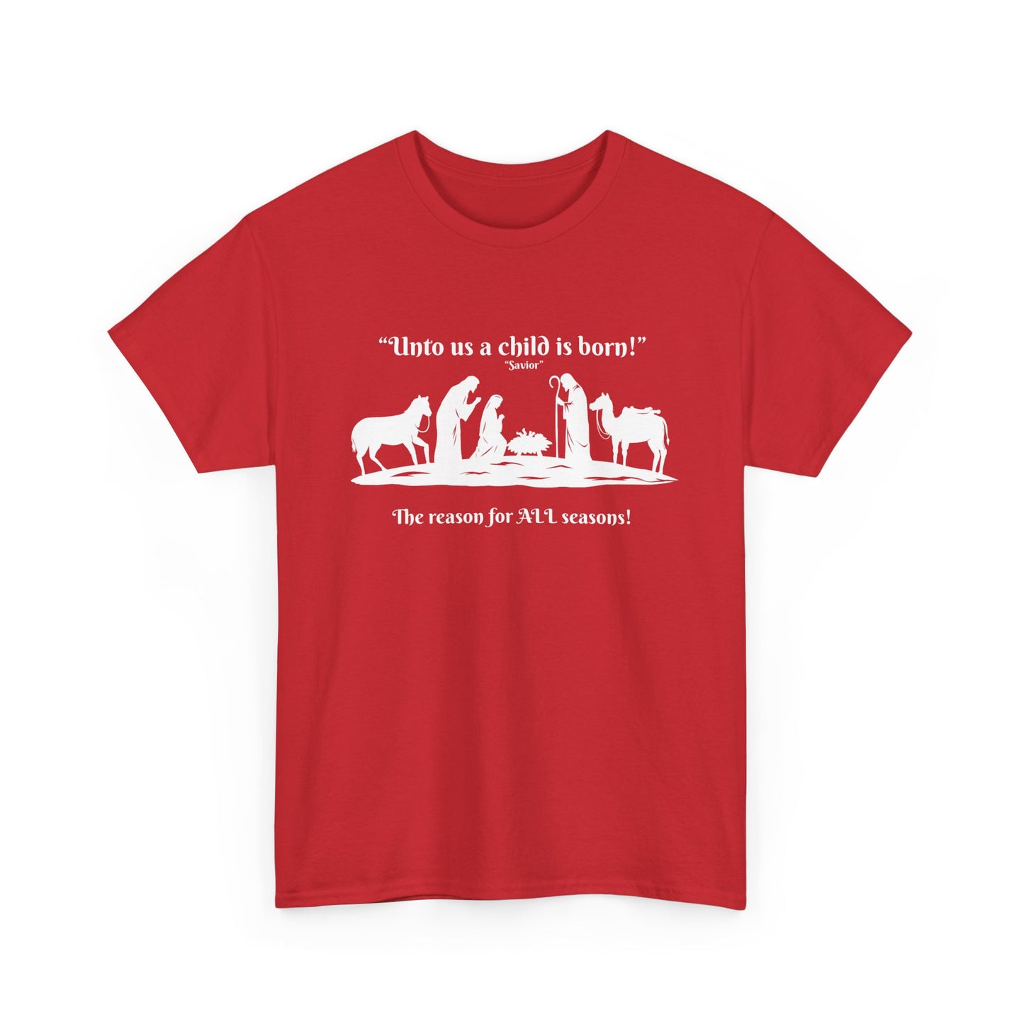T-Shirt — "Intro as a child is born" Nativity Sheep & Donkey Scene