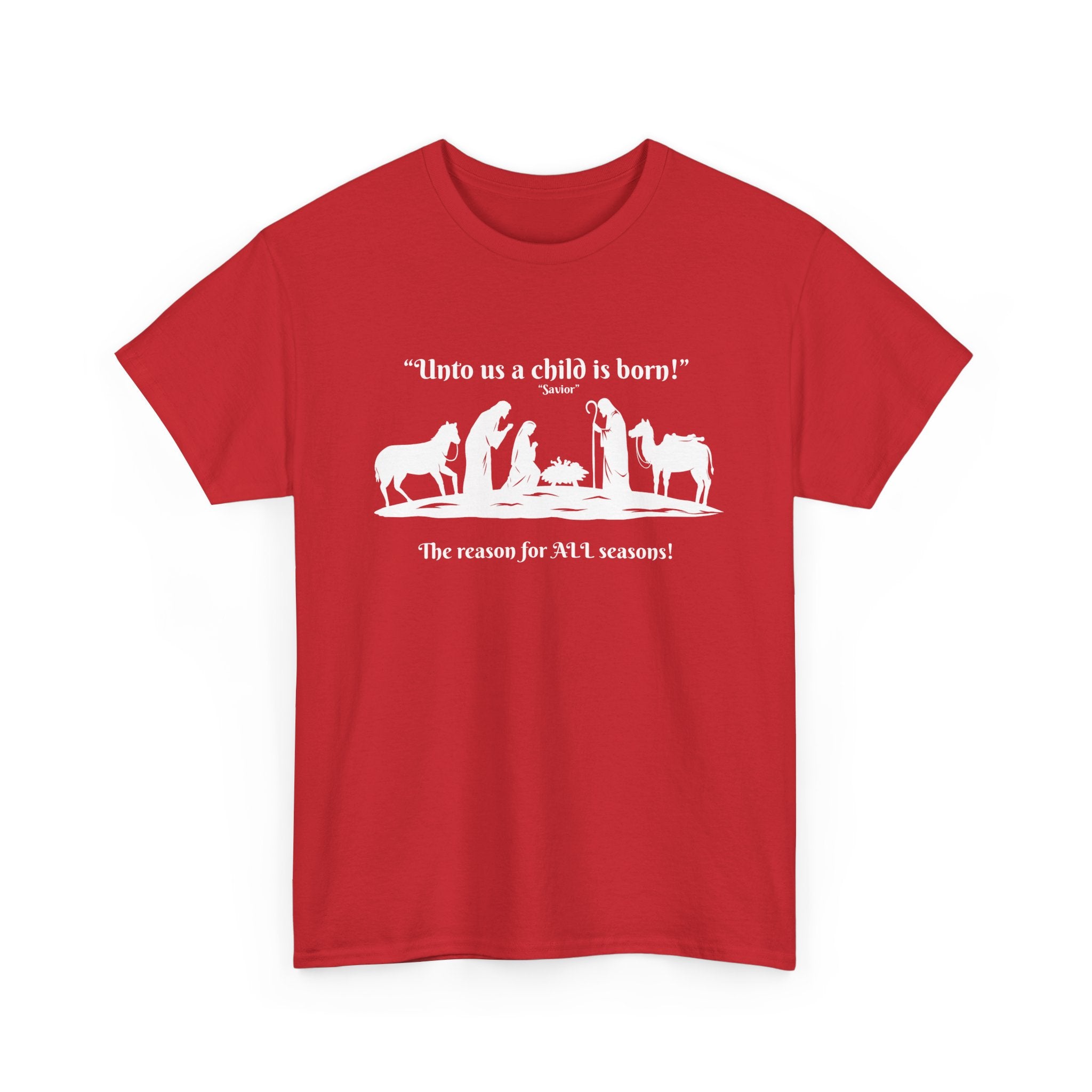 T-Shirt — "Intro as a child is born" Nativity Sheep & Donkey Scene