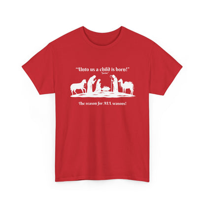 T-Shirt — "Intro as a child is born" Nativity Sheep & Donkey Scene