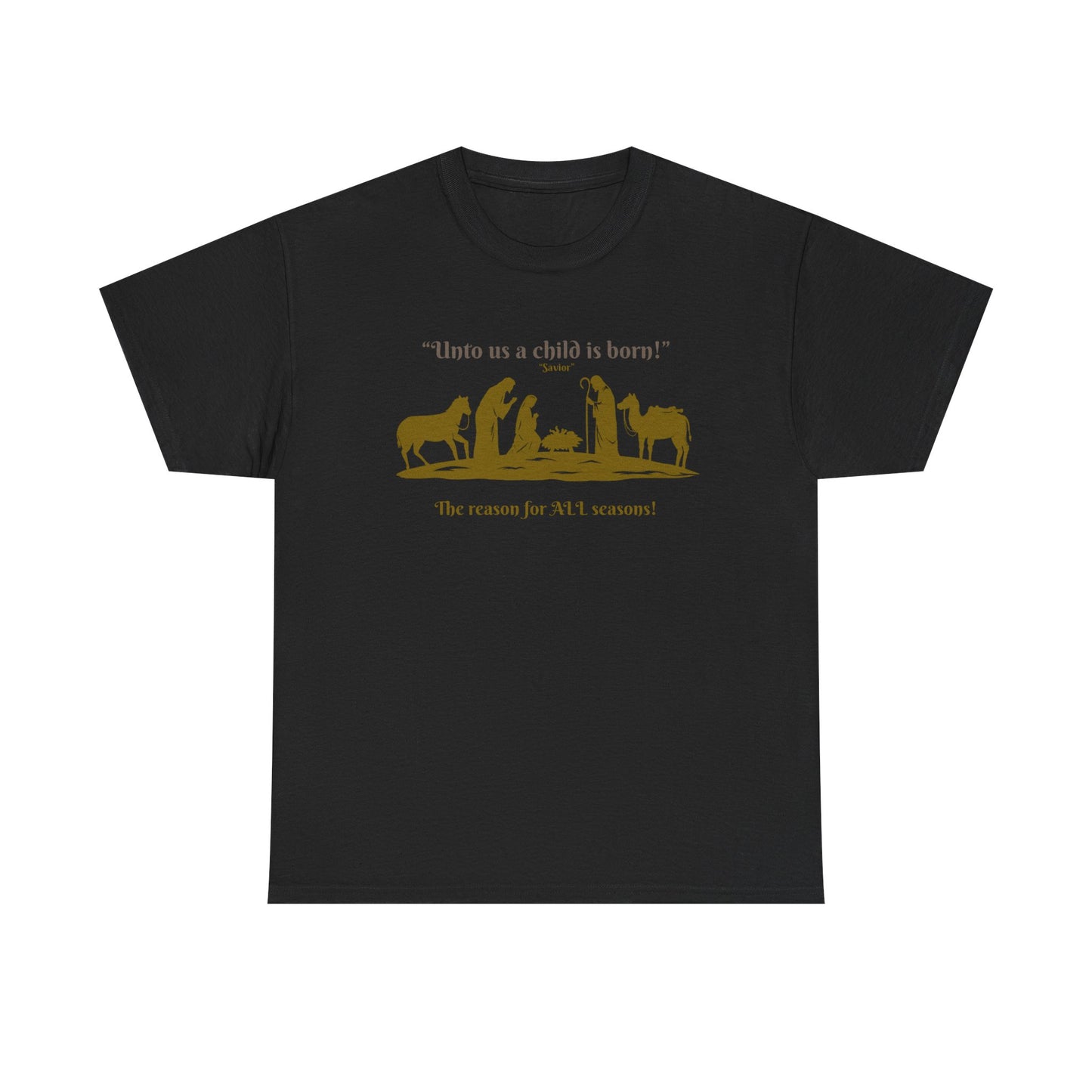 T-Shirt — "Intro as a child is born" Nativity Sheep & Donkey Scene