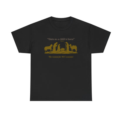 T-Shirt — "Intro as a child is born" Nativity Sheep & Donkey Scene