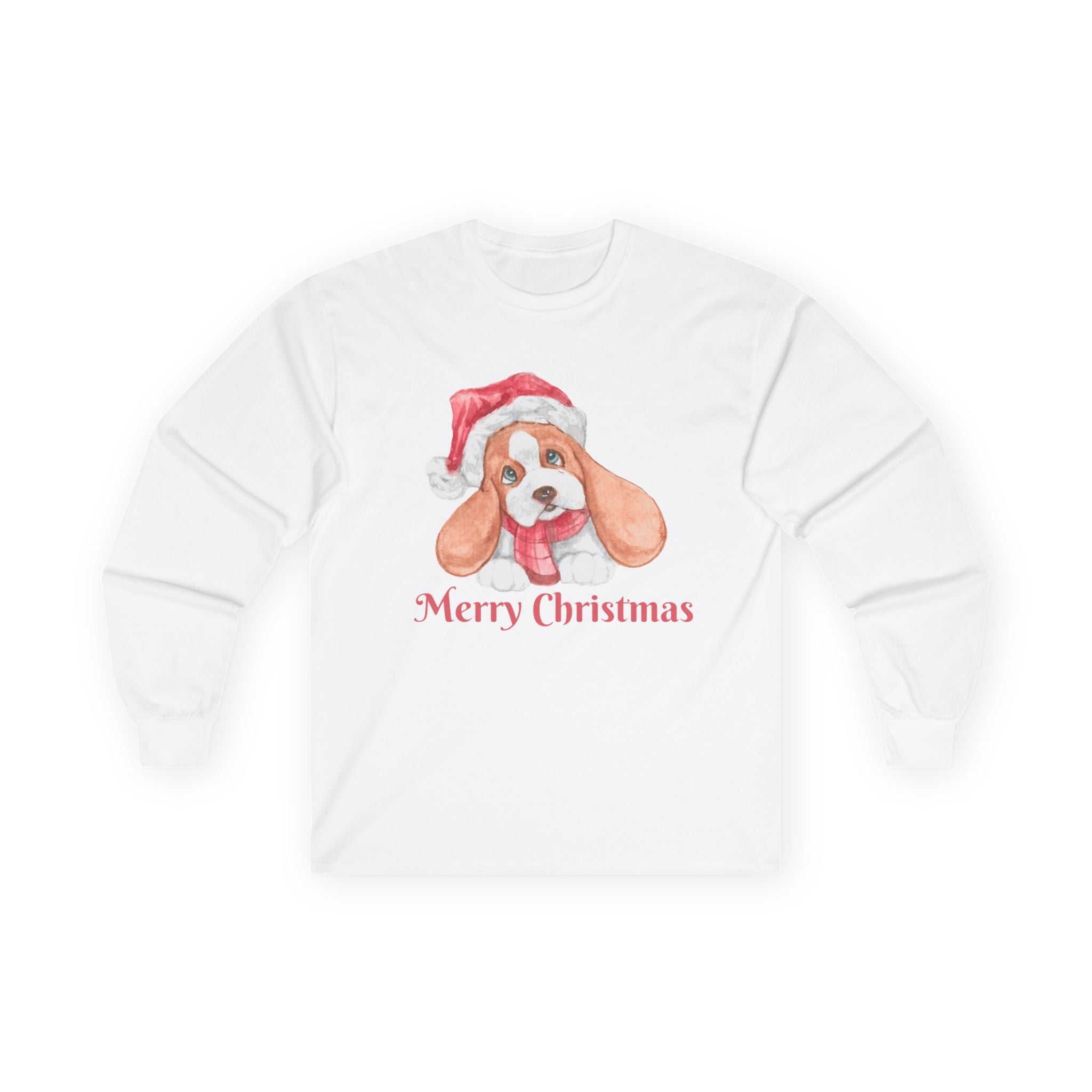 Christmas Puppy Long Sleeve Tee — "Merry Christmas" Dog in Santa Hat