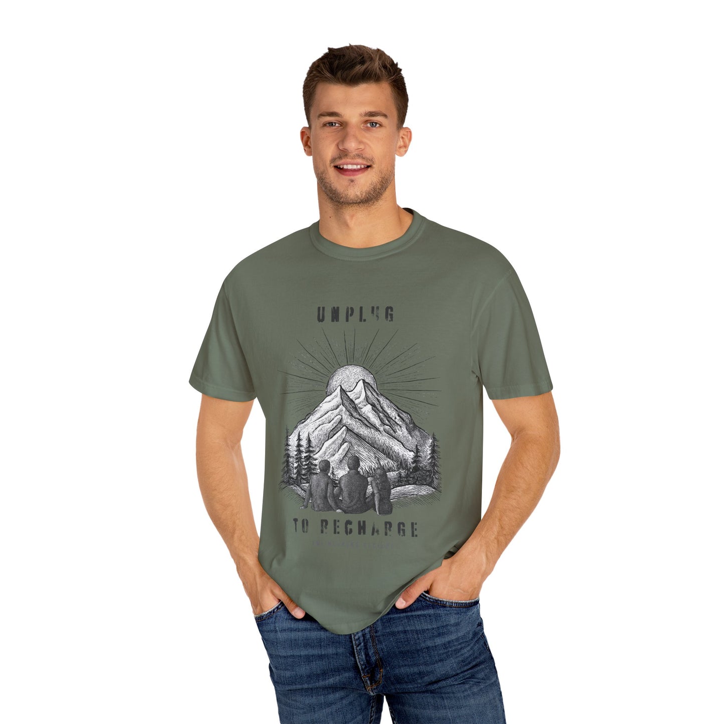 Adventure T-Shirt — "Unplug to Recharge" Mountain Camping Graphic