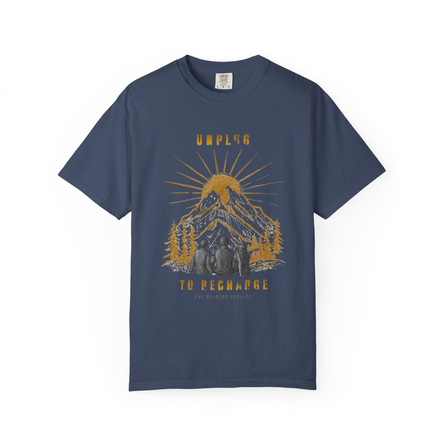 Adventure T-Shirt — "Unplug to Recharge" Mountain Camping Graphic