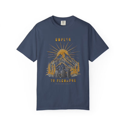 Adventure T-Shirt — "Unplug to Recharge" Mountain Camping Graphic