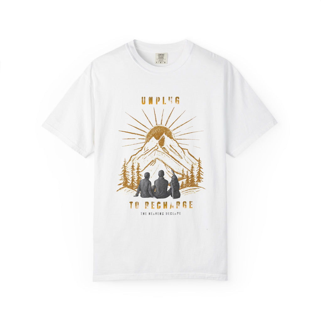 Adventure T-Shirt — "Unplug to Recharge" Mountain Camping Graphic