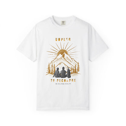 Adventure T-Shirt — "Unplug to Recharge" Mountain Camping Graphic
