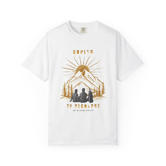 Adventure T-Shirt — "Unplug to Recharge" Mountain Camping Graphic