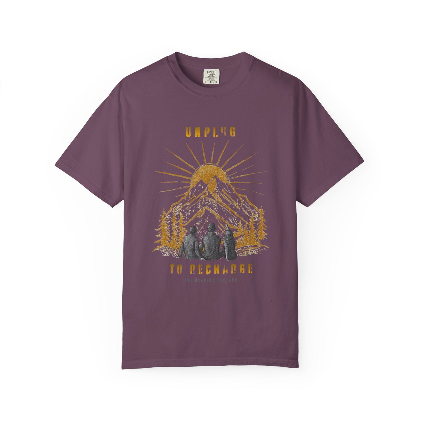 Adventure T-Shirt — "Unplug to Recharge" Mountain Camping Graphic