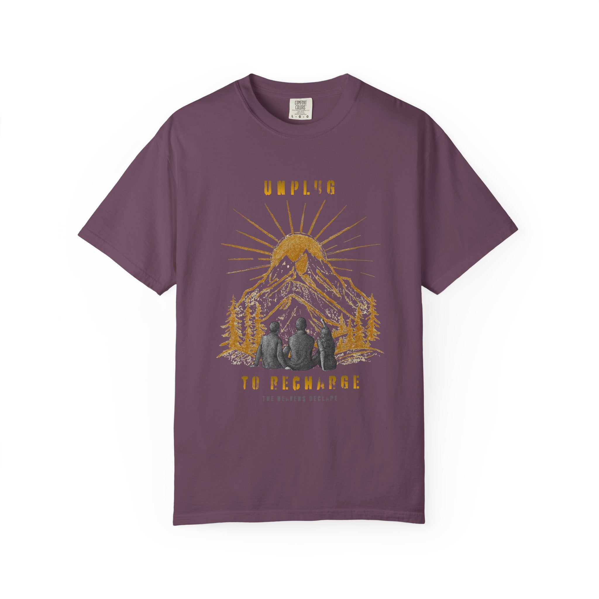 Adventure T-Shirt — "Unplug to Recharge" Mountain Camping Graphic
