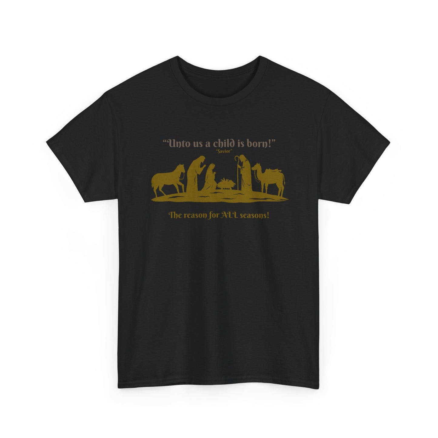 T-Shirt — "Intro as a child is born" Nativity Sheep & Donkey Scene