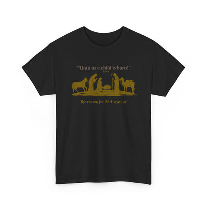 T-Shirt — "Intro as a child is born" Nativity Sheep & Donkey Scene