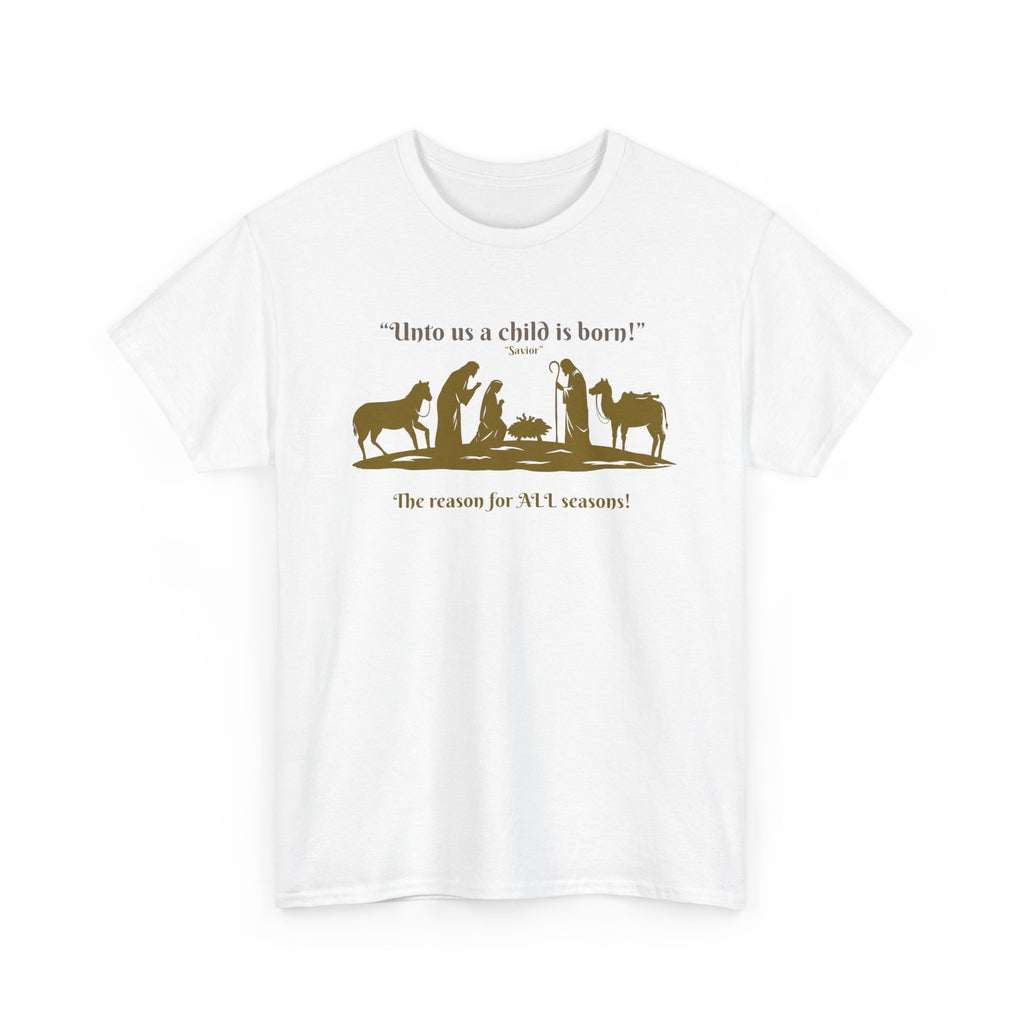 T-Shirt — "Intro as a child is born" Nativity Sheep & Donkey Scene