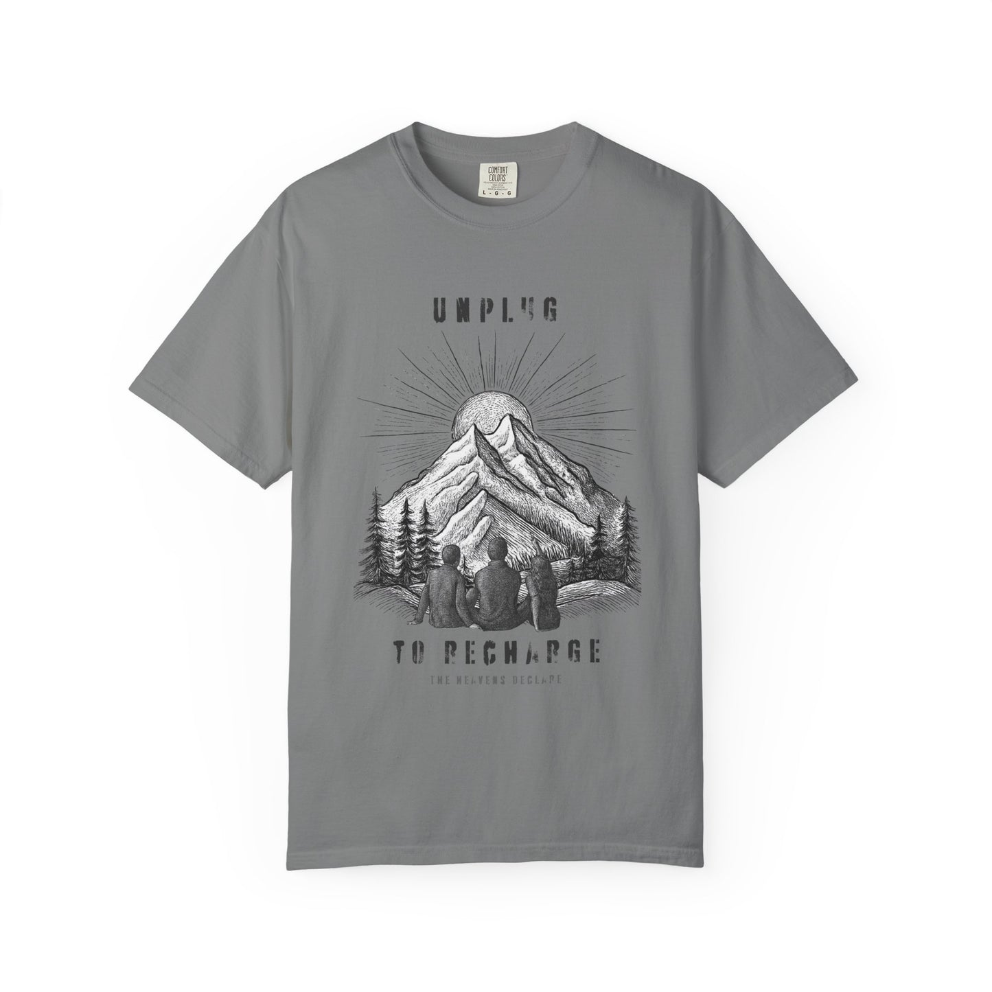 Adventure T-Shirt — "Unplug to Recharge" Mountain Camping Graphic