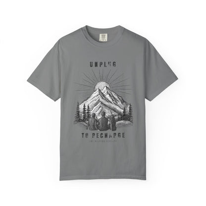 Adventure T-Shirt — "Unplug to Recharge" Mountain Camping Graphic
