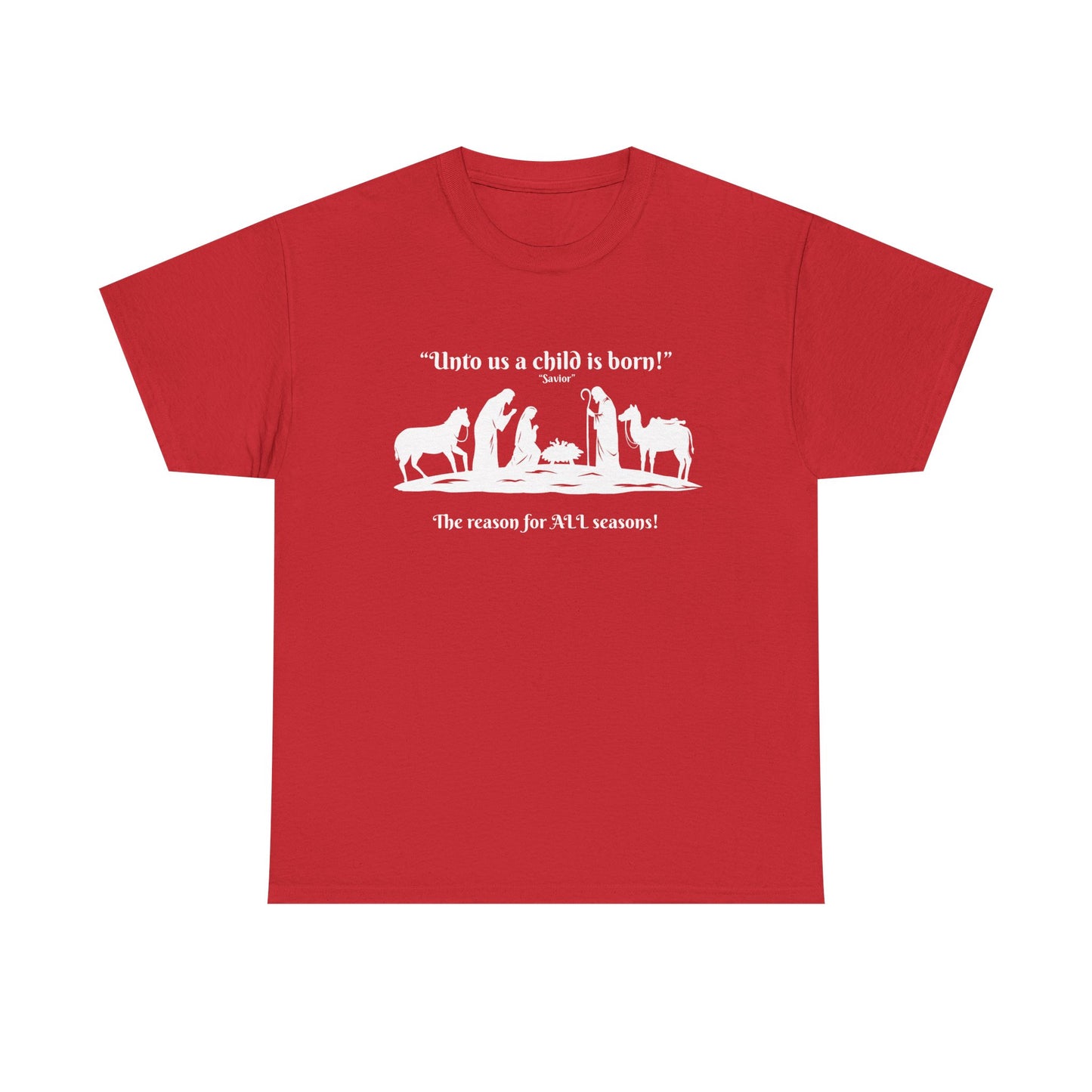 T-Shirt — "Intro as a child is born" Nativity Sheep & Donkey Scene