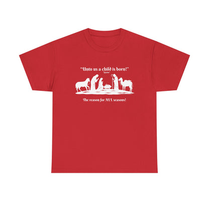 T-Shirt — "Intro as a child is born" Nativity Sheep & Donkey Scene