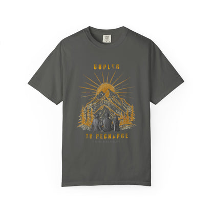Adventure T-Shirt — "Unplug to Recharge" Mountain Camping Graphic